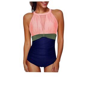 Tempt Me Modest One Piece Orange Blue Green Bathing Suit Swimsuit, Size XL